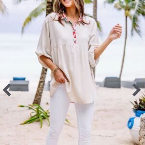 Umgee oversized Think It Over Oatmeal White Floral Tunic Linen Cotton Blend M
